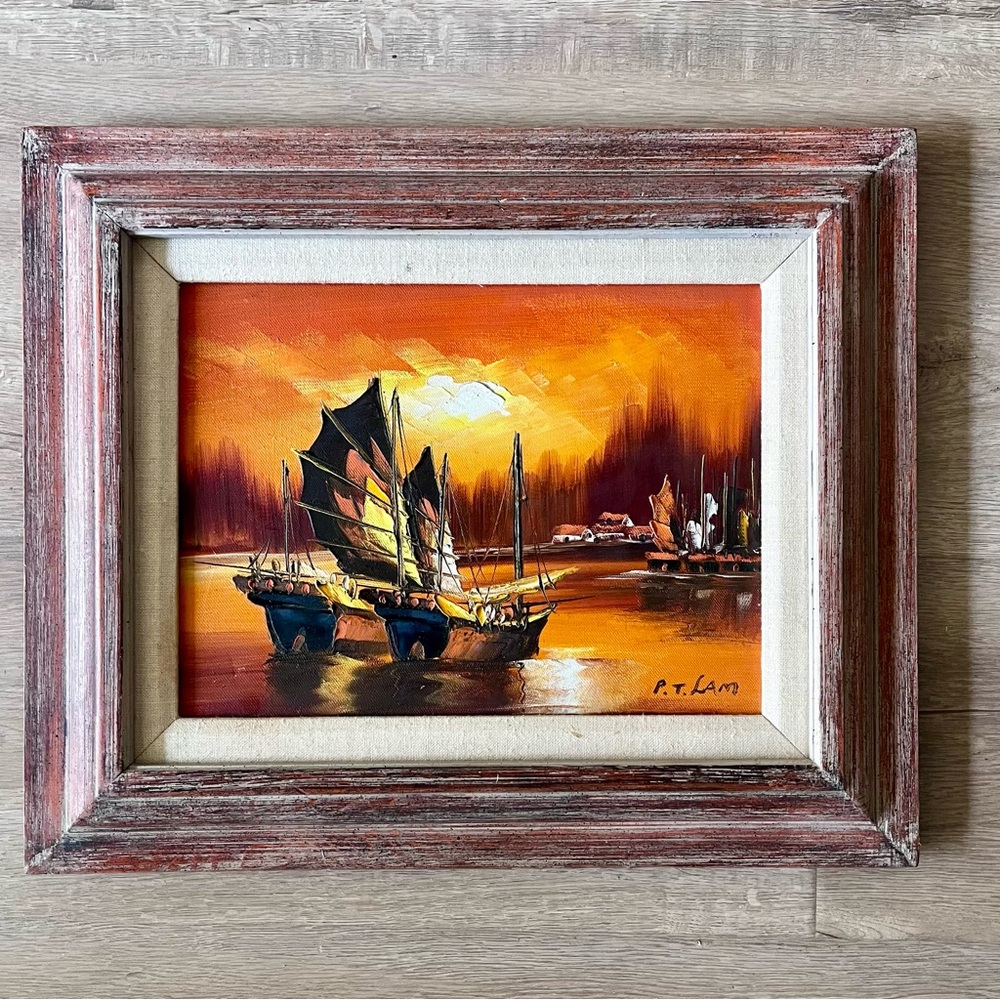 Vintage Framed Oil Painting on Canvas Sailboats Signed By P.‎ T. Lam 17.5”x14.5”